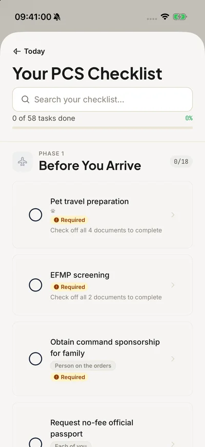 Boris™ PCS checklist showing progress and arrival tasks