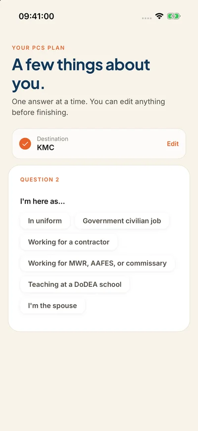 Boris guided setup showing an editable destination answer and personal status choices