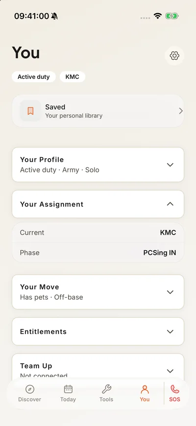 Boris™ You screen with an editable profile, assignment, household details, benefits and Team Up