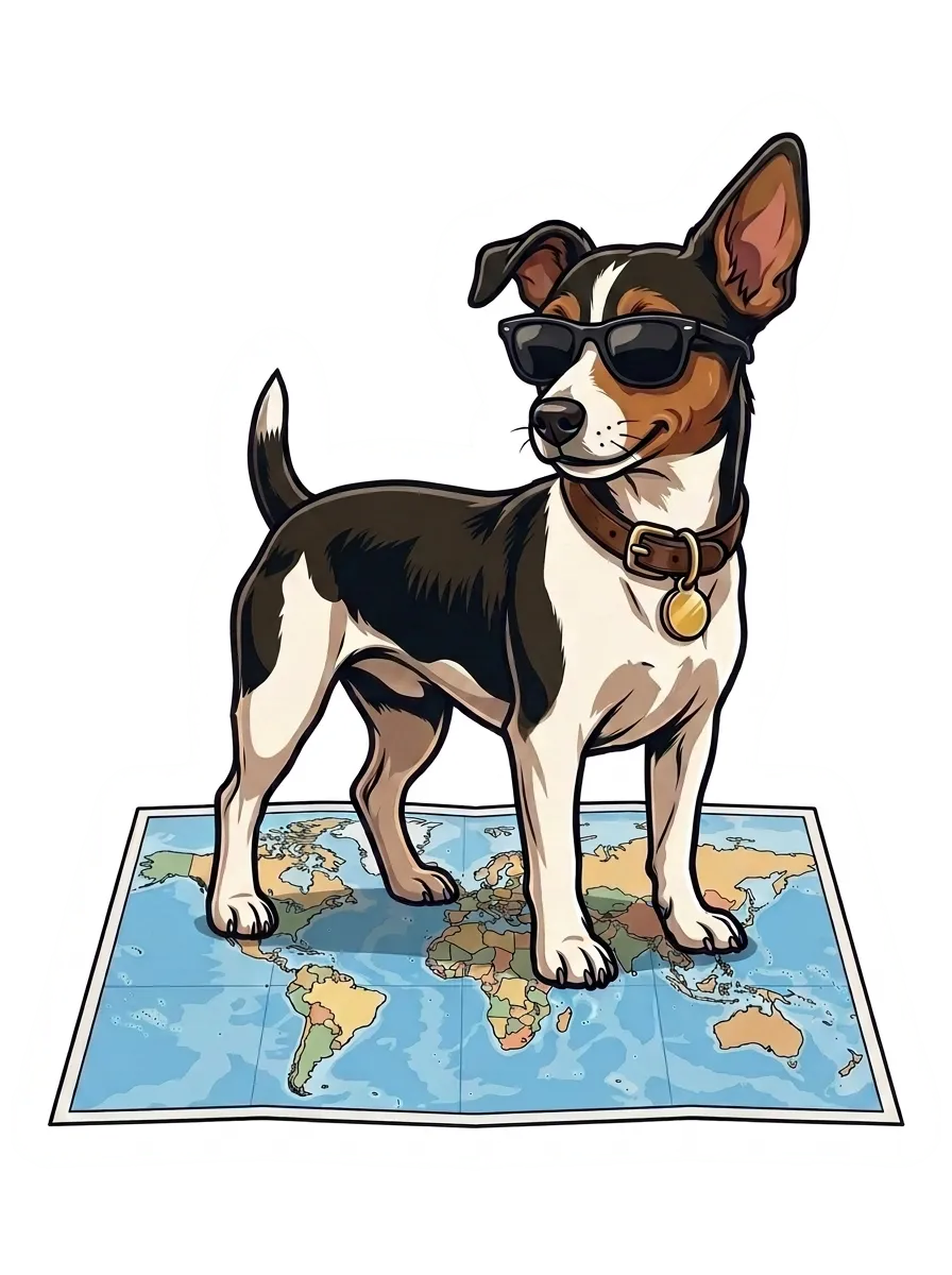 Boris™, the Jack Russell terrier, sitting on a world map