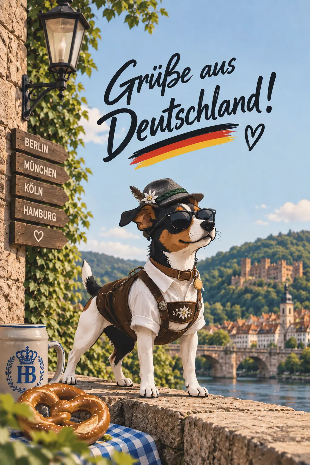A Boris™ postcard from Germany: the Jack Russell terrier in lederhosen, a white shirt and an alpine hat with an edelweiss, wearing sunglasses on a stone river wall, with a wooden signpost to Berlin, München, Köln and Hamburg, a pretzel and a stein beside him and a hilltop castle, an arched bridge and an old town behind, under the greeting Grüße aus Deutschland!