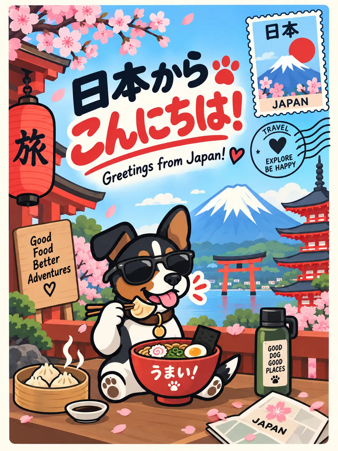 A Boris™ postcard from Japan: the Jack Russell terrier in sunglasses eating a bowl of ramen with chopsticks at a wooden table, with a red lantern, Mount Fuji, a torii gate and a pagoda behind him, under the greeting 日本から こんにちは！ — Greetings from Japan!