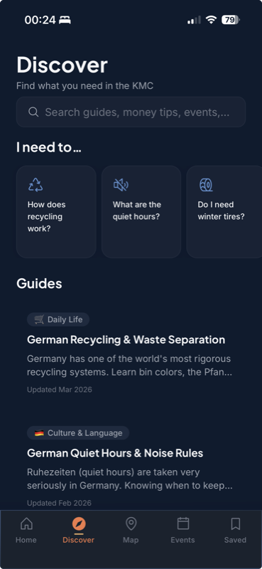 Boris Discover tab with situation cards and community guides for life in Germany